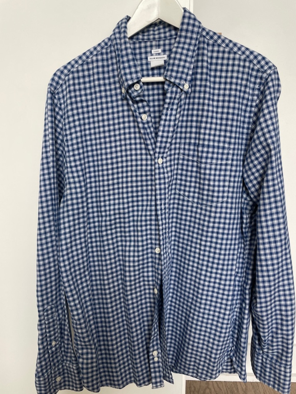 Club Monaco Navy and White Gingham Button-Down Shirt
